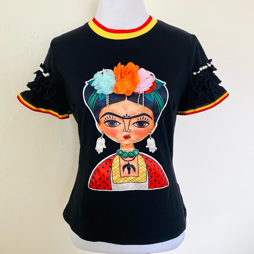 FRIDA KHALO BLACK TEE T-SHIRT SMALL 3D WEARABLE ART BOHO FESTIVAL ARTSY ETHNIC
